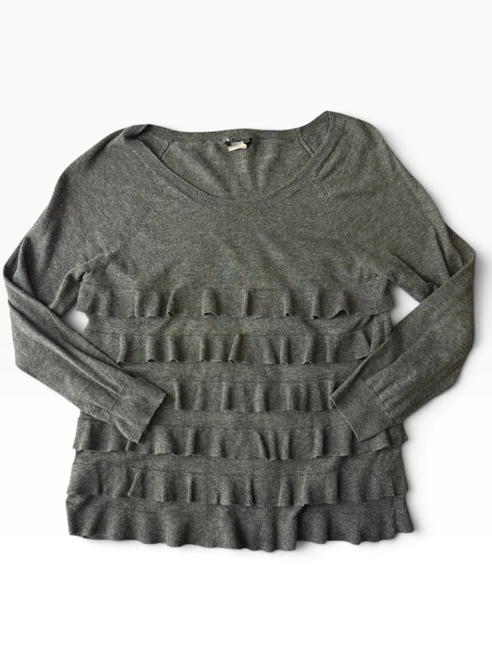 J.Crew Tiered Ruffle Sweater Charcoal Gray Pima Cotton Wool Scoop Neck, S